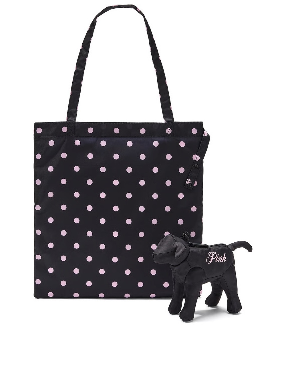 NWT! Victoria's Secret Pink Packable Dog Tote Bag Travel Black White Polka Dot - Picture 4 of 6